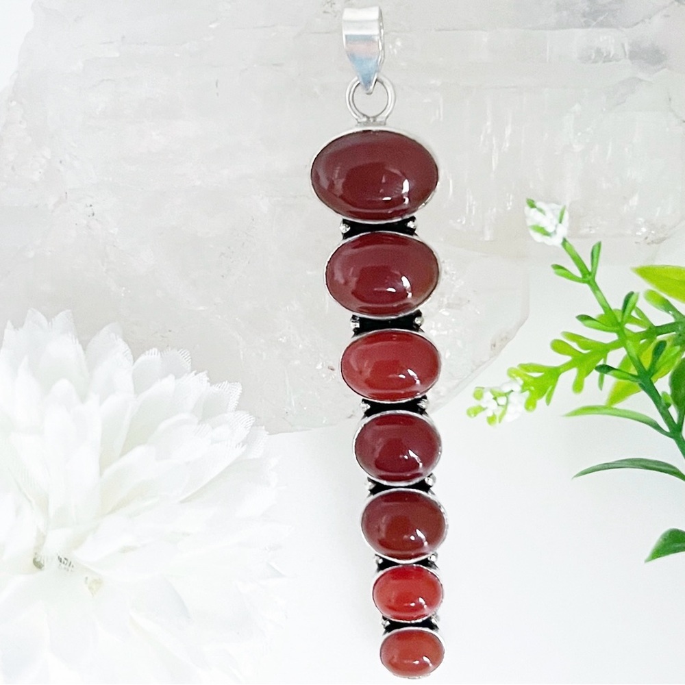 Solid Sterling Silver 925 Long Multi Stone Carnelian Pendant Handmade New